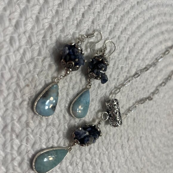 Gorgeous LARIMAR * SODALITE Handmade Sterling 925 Necklace & Earrings #608D - Picture 2 of 3